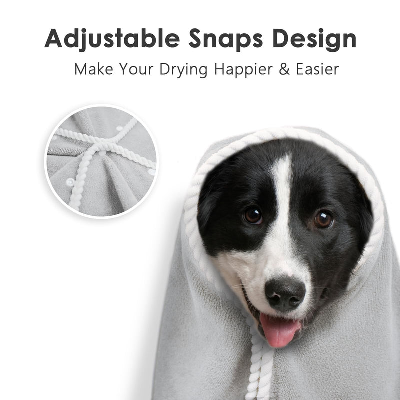 Dog Towel - Absorbent Soft Microfiber Towels for Drying Dogs Extra Large, Large, Medium, Small - Pet Bath, Grooming Towels - Adjustable Snaps (Grey, 56"x28") Large 56"x28" Grey - PawsPlanet Australia