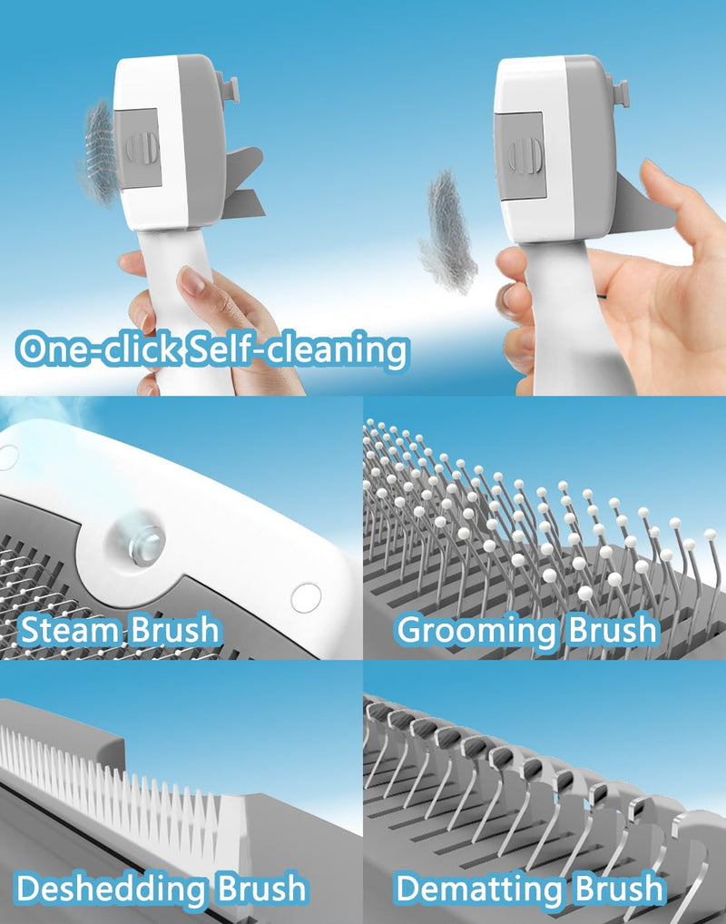 5-in-1 Pet Steam Brush for Dogs & Cats-Self-Cleaning Steam Dog Brush with 3 Swap-in Heads (Grooming, Dematting, Deshedding),Cat Spray Hair Removal Comb,Includes Pet Essence & Storage Case 8.0"-3 Swap-in Brush - PawsPlanet Australia