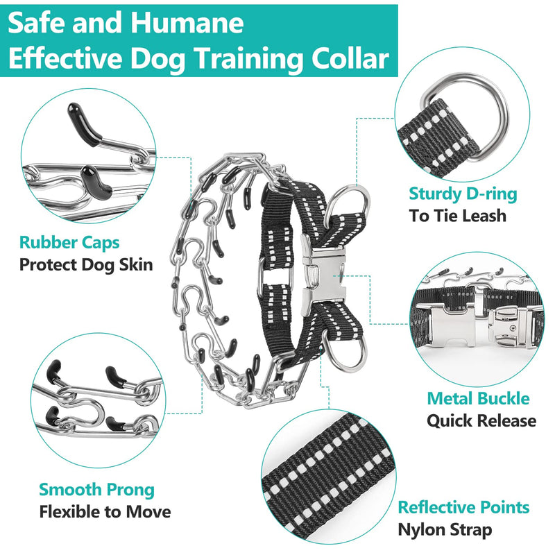 Tresbro Prong Training Collar for Dogs, Adjustable Dog Pinch Collar with Quick Release Metal Buckle and Reflective Nylon Strap, No Pull Collar for Small Medium Large Dogs, Extra Link and Caps, L