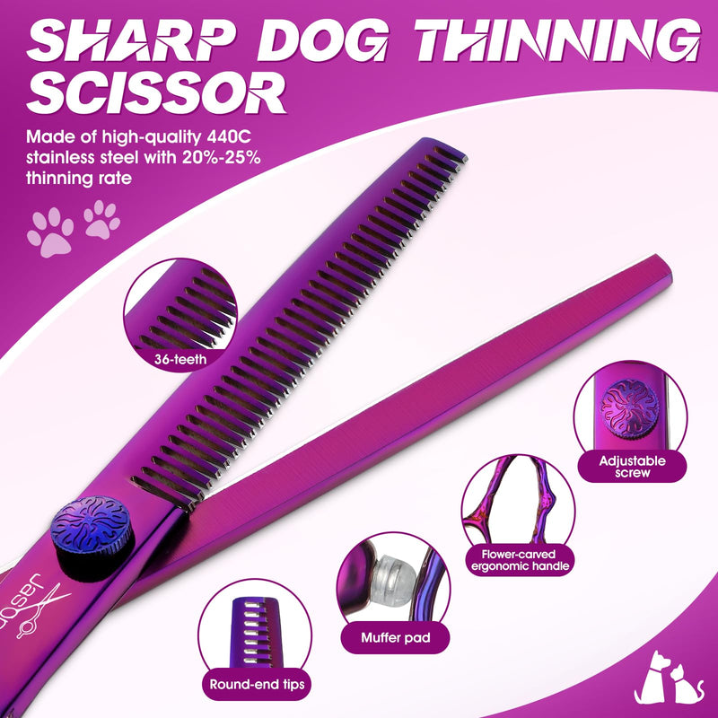 JASON Dog Grooming Scissors Set - Professional 6 in 1 Dog Shears Kit - 6.5" Thinning, 7" Straight, 7" Up-Curved, 7" Down-curved Scissors and Comb for Dog Cat Pet with Adjustable Screw (Purple) Purple - PawsPlanet Australia