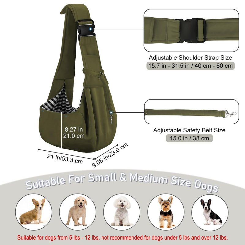 PETLOFT Reversible Dog Cat Sling Carrier, Small Dog Carrier, Adjustable Dog Sling, Hands Free Cross Body Carrier with Collar Hook for Dog/Cat/Bunny up to 11lb (Army Green) Army Green - PawsPlanet Australia