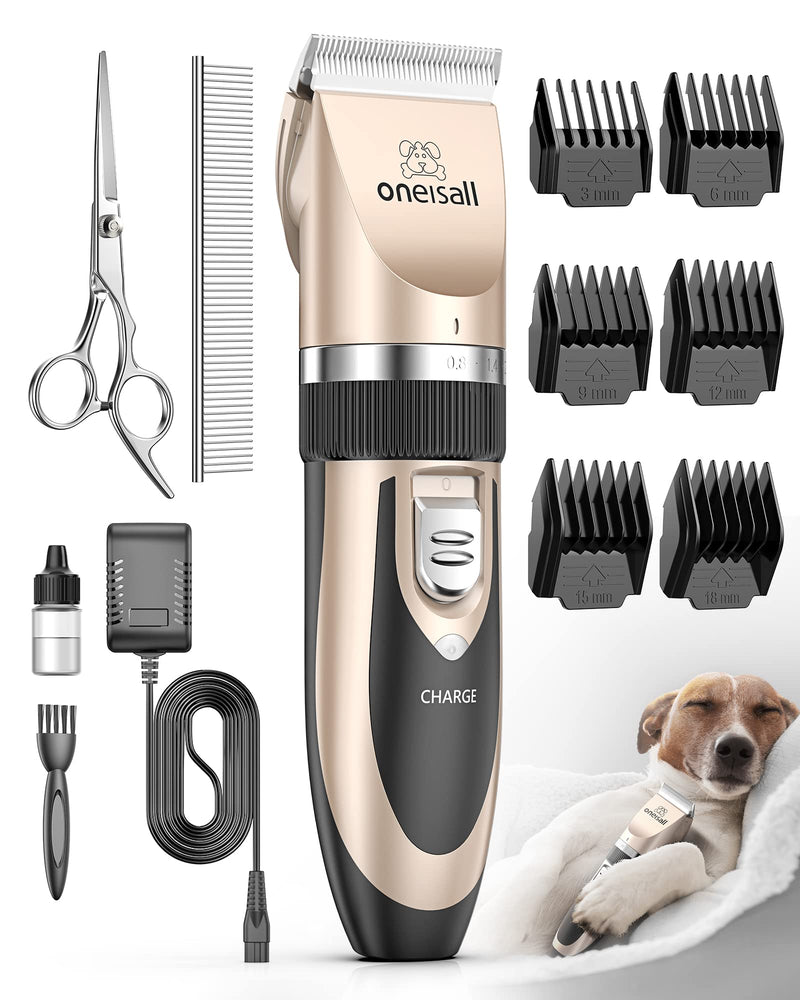 oneisall Dog Shaver Clippers Low Noise Rechargeable Cordless Electric Quiet Hair Clippers Set for Dogs Cats Pets Gold