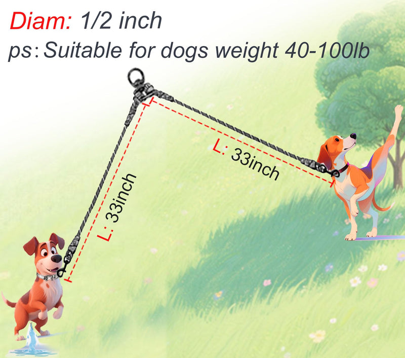 Double Dog Leash Coupler, Extension Rope for Two Dogs, No Tangle Dual Dog Lead Splitter for Large Medium Dogs Over 40 lbs (1/2" X 33"- Pinkblue) Large (1/2"D x 33"L)
