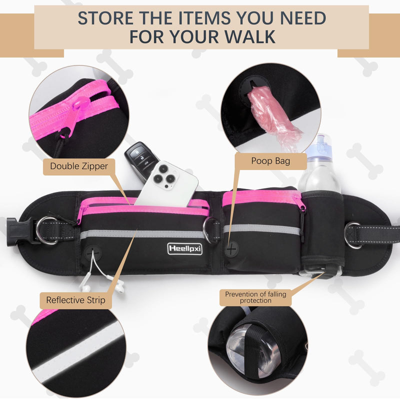Hands-Free Dog Leash with Pouch, Waist Leash for Walking Two Dogs, Reflective Stitching, Dual Handle, Bungee Retractable for Medium to Large Dogs - Pink,Dog Walking Accessories - PawsPlanet Australia