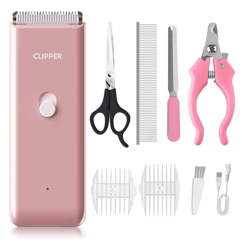 Dog Grooming Kit Electric Pet Paw Trimmer Low Noise Cordless Dog Clippers for Home Cat Hair Grooming,Waterproof Pet Grooming Tools with 9-Pieces (Pink) Pink Set
