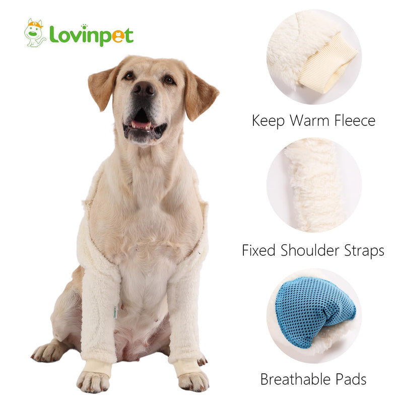 LovinPet Dog Front Leg Warmers for Medium Large Dogs, Double-Sided Fleece Elbow & Knee Sleeve, Adjustable Recovery Leg Protector, Anti-Lick, Anti-Chafe, Cold Weather Keep Warm, White, L