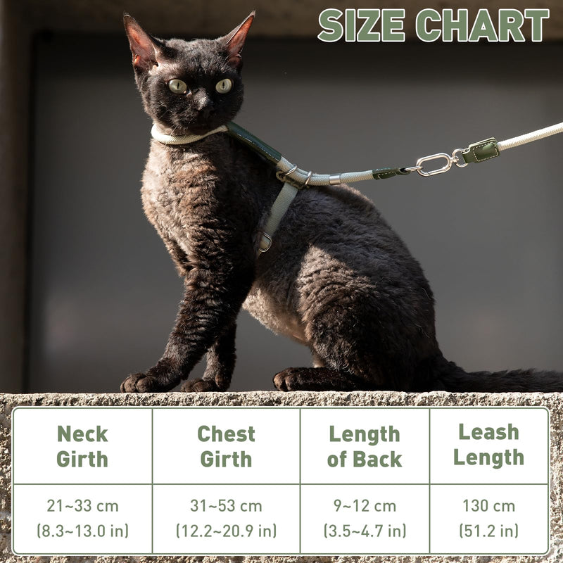 ETIAL Premium Adjustable Escape-Proof Cat Harness & Leash Set with Leather Sliding Back, 4.3ft Nylon Rope, Cross-Strap, Heavy-Duty Buckles for Secure Walking (Olive Green, Back Length 3.5”-4.7”) Olive Green Back Length 3.5”-4.7” - PawsPlanet Australia