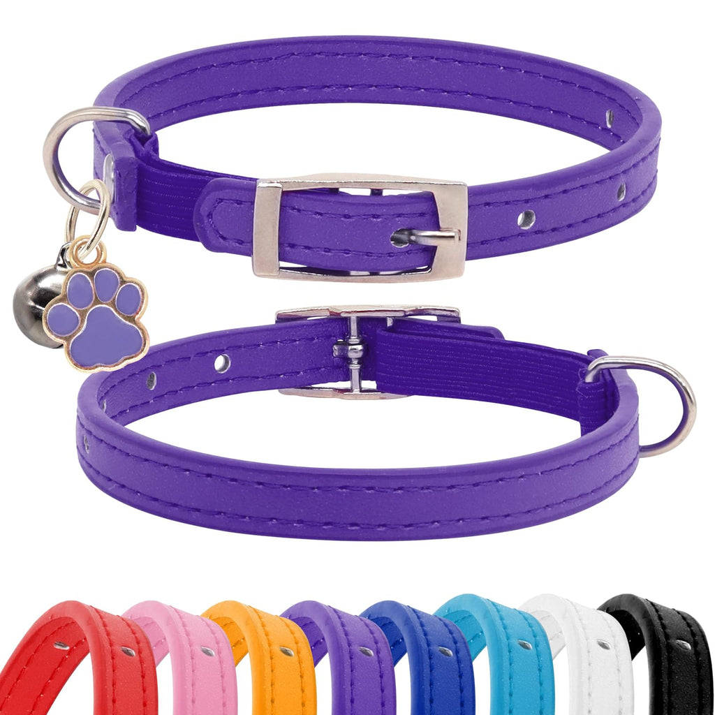 Cat Collar, Soft Leather Cat Collar with Bells, Safe Collars with Cute Paw Charm for Male Female Cats, 8-11”, Purple 8-11”