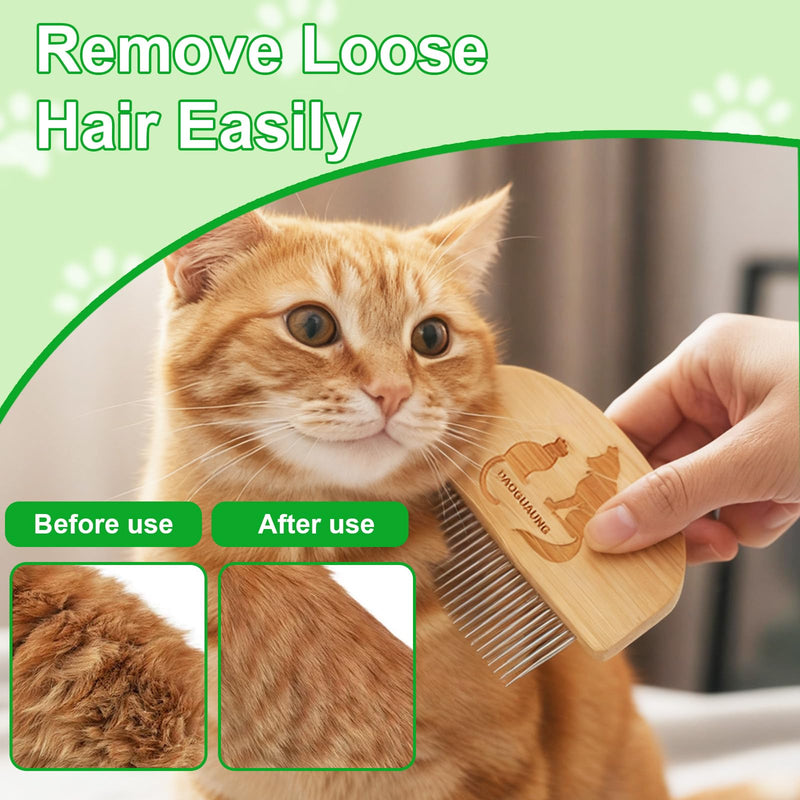 Pet Grooming Combs for Dogs Cats, 2 Pack Bamboo Combs with Wide Fine Teeth for Shedding, Detangling, Flea Removal and Daily Care Two Size