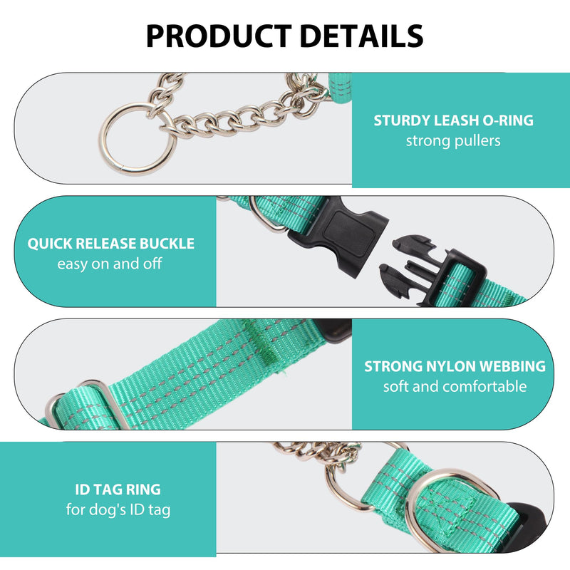 Martingale Dog Collar with Quick Release Buckle Steel Chain No Pull Training Reflective Collar for Medium Large Dogs(Teal, Medium) Teal Medium (Pack of 1) - PawsPlanet Australia