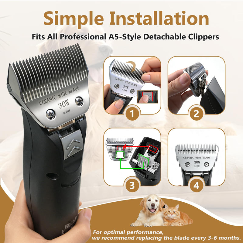 Precision Ceramic Wide Blades for Dog Grooming,Compatible with Andis,Oster A5,Wahl km10 Clippers-Dog and Cat Grooming Replacement Blade (30W(0.5MM)) 30W(0.5MM)