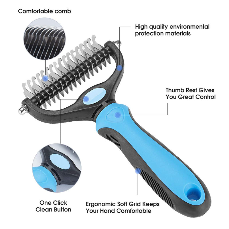 Pet Grooming Tool - 2 Sided Undercoat Rake for Cats and Dogs - Safe Dematting Comb for Easy Mats & Tangles Removing - No More Nasty Shedding and Flying Hair blue other - PawsPlanet Australia