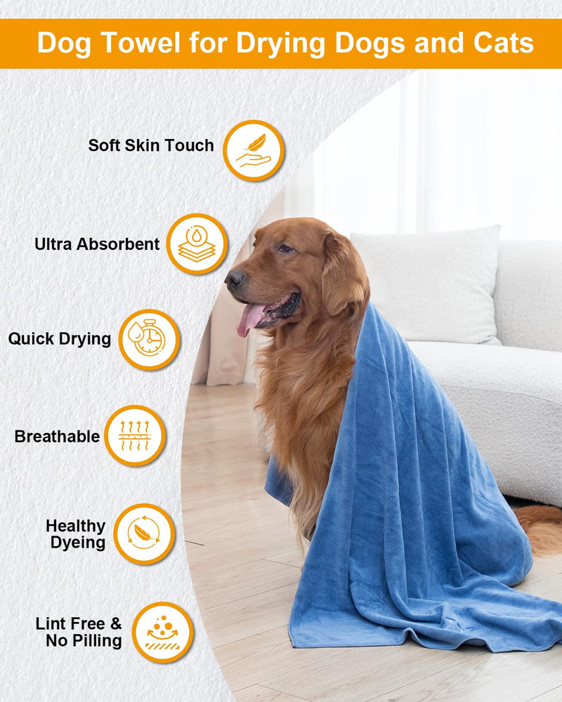 2-PCS Fast Drying Dog Towels - 56 x 28 Inch Ultra Soft & Absorbent Large Dog Towel with 30 x 14 Inch Daily Use Paw Towel - 100% Microfiber Pet Bath Grooming Towels for Dogs Cats, Blue XL:56x28 Inch + S:30x14 Inch - PawsPlanet Australia