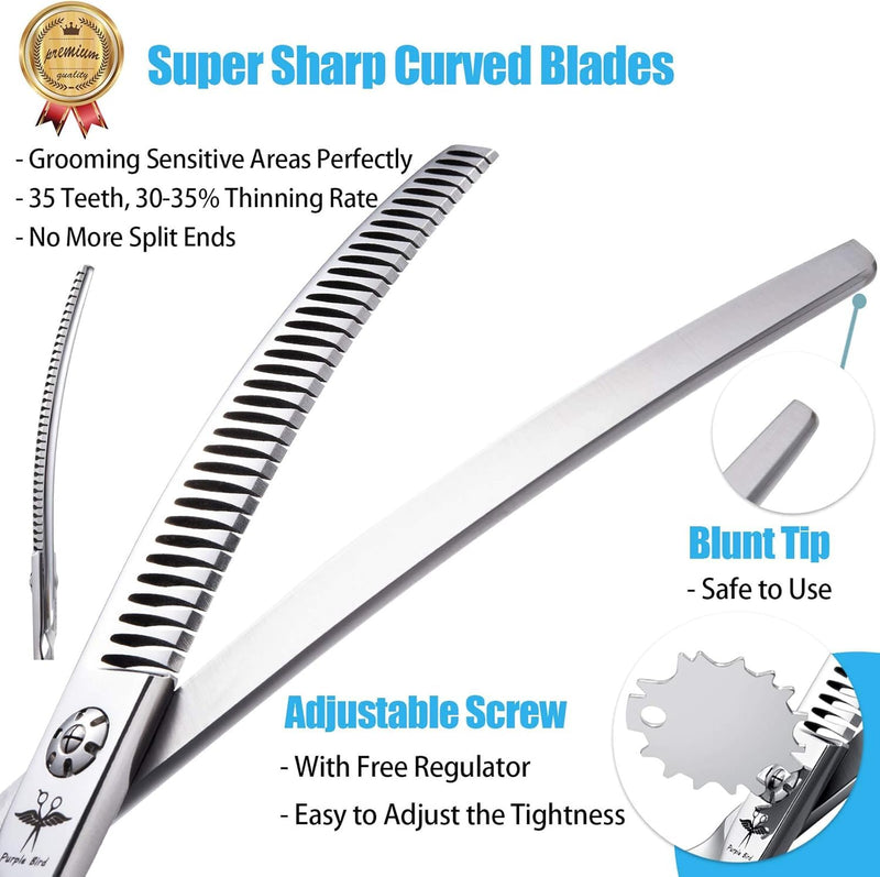 PURPLEBIRD 7 Inch Downward Curved Dog Grooming Scissors Pet Thinning Texturizing Shears Professional Safety Blunt Tip Trimming Shearing for Dogs Cats Face Paws Limbs Japanese Stainless Steel Silver 7.0"curvedThinning - PawsPlanet Australia