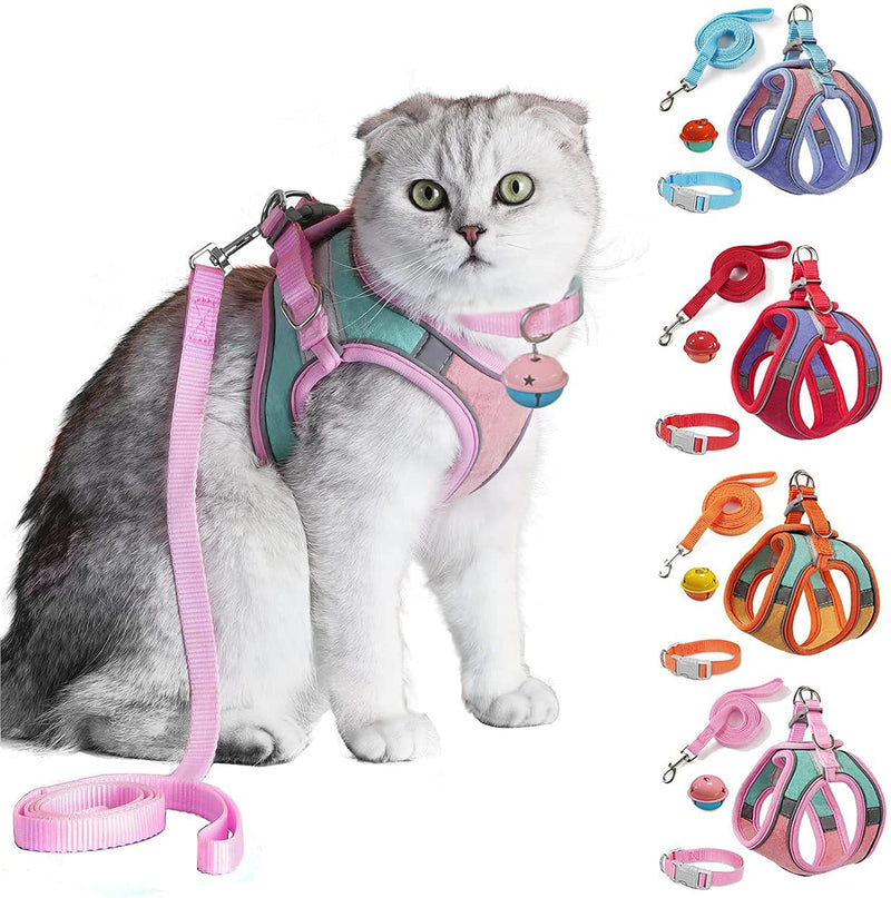 Cat Harness,Leash and Collar Set,Escape Proof Kitten Vest Harness for Walking,Easy Control Night Safe Pet Harness with Reflective Strap and Bell for Small Large Kitten,Fit for Puppy,Rabbit Medium (Pack of 1) Pink/Blue