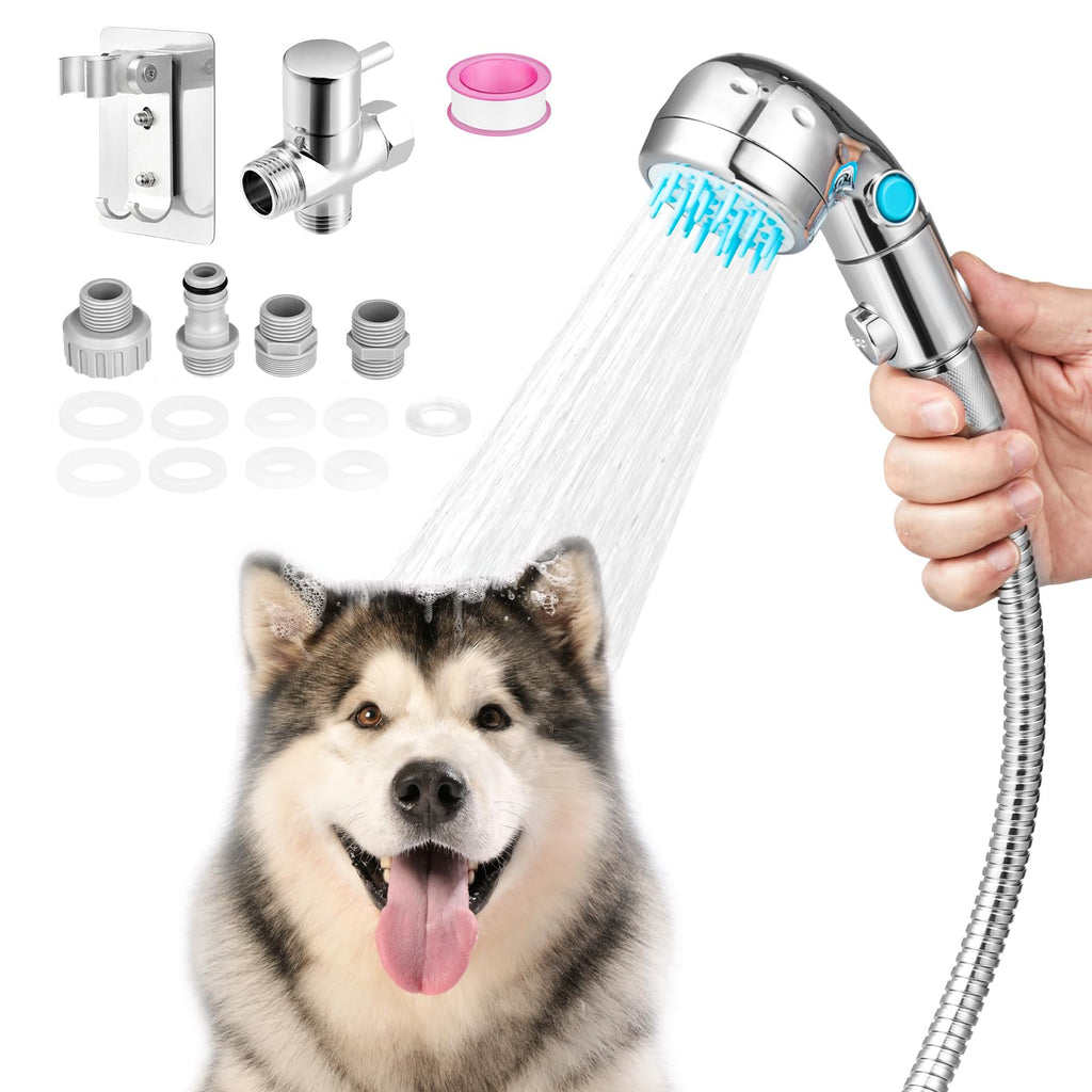 Dog Shower Attachment, Dog Shower Sprayer Attachment Set with Diverter Valve, Dog Shower Brush for Bathroom Shower Arm, Pet Bathing Tool, for Dog and Cat Grooming, Indoor & Outdoor