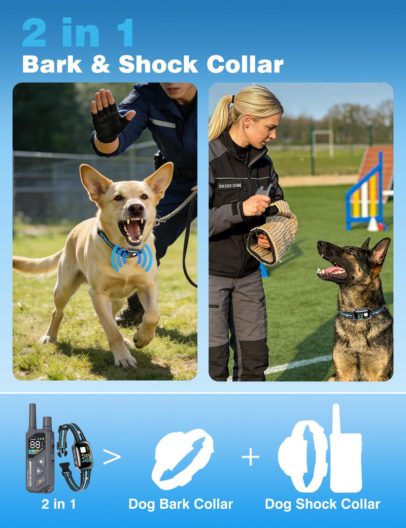 2-in-1 Dog Shock & Bark Collar Combo - New Updated Automatic Bark Collar & 3300Ft Remote Training Collar with 3 Training Modes for 7-120lbs Small Medium Large Dogs, IPX7 Waterproof E-Collar Grey - PawsPlanet Australia