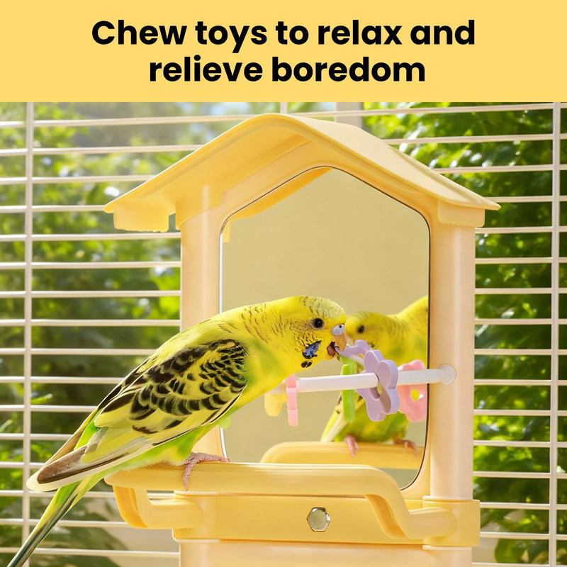 8.1 Inch Pet Bird Mirror with Perch Stand and Parakeet Chew Toys,Parrot Toys Bird Cage Decorative Accessory, Helps Birds Release Stress for Canaries Budgies Lovebirds Conures Cockatiels (Yellow) Yellow - PawsPlanet Australia