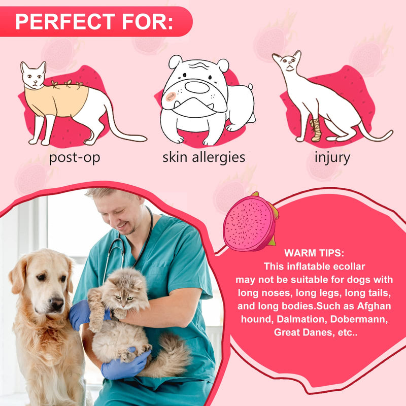 Pitaya Inflatable Dog Donut Collar, Soft Recovery Cone for Large, Medium & Small Dogs & Cats, Adjustable E Collar, Does not Block Pet Vision Red Pattern Plush Fabric-XL
