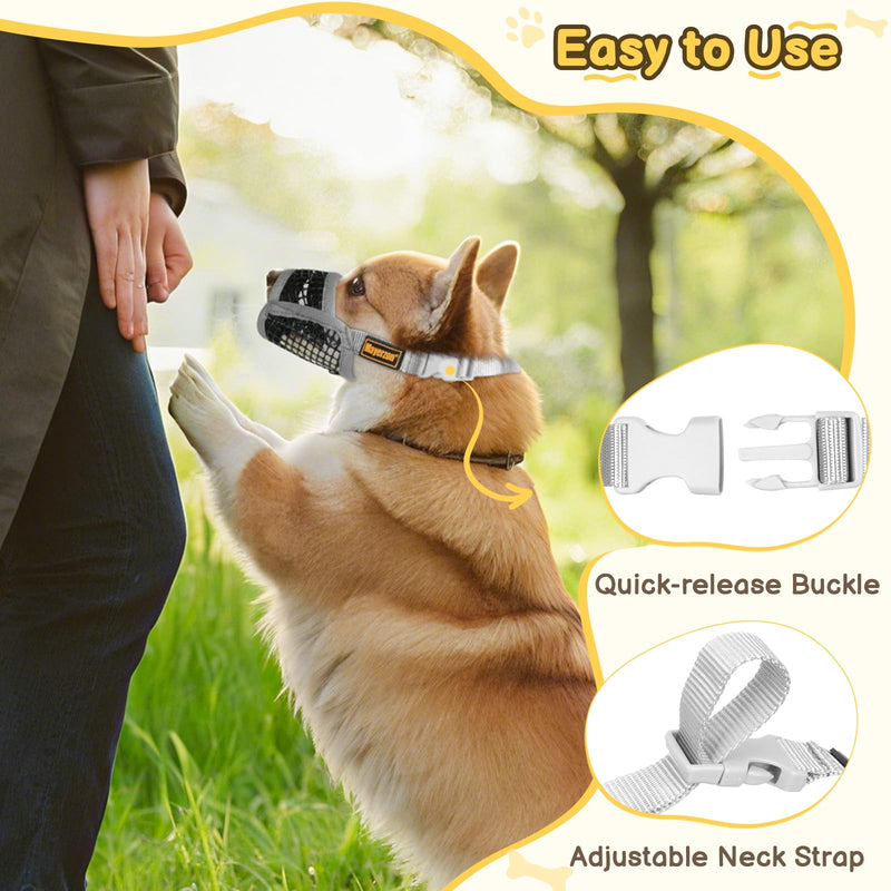 Mayerzon Dog Muzzle for Biting, Patented Soft Breathable Mesh Muzzle for Small Medium Dogs Chihuahua Dachshund Poodle, Adjustable Mouth Cover for Grooming, Chewing, Vet Visits (Grey Trim, M) Grey Trim M-(Snout Cir 7¼"-8")