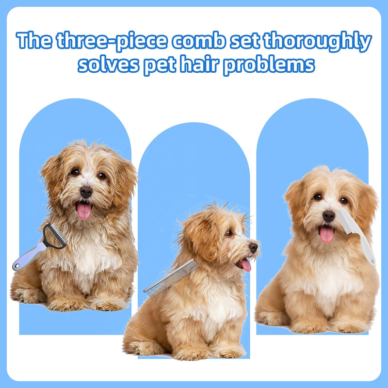 3Pcs Pet Grooming Combo Kit, Blue Deshedding Brush & Metal Comb & Tick Removal Comb for Dogs, Cats and Horses, Pet Flea Comb for Detangling and Dematting Long, Matted Fur on Goldendoodles Poodles 3pcs pet comb kit