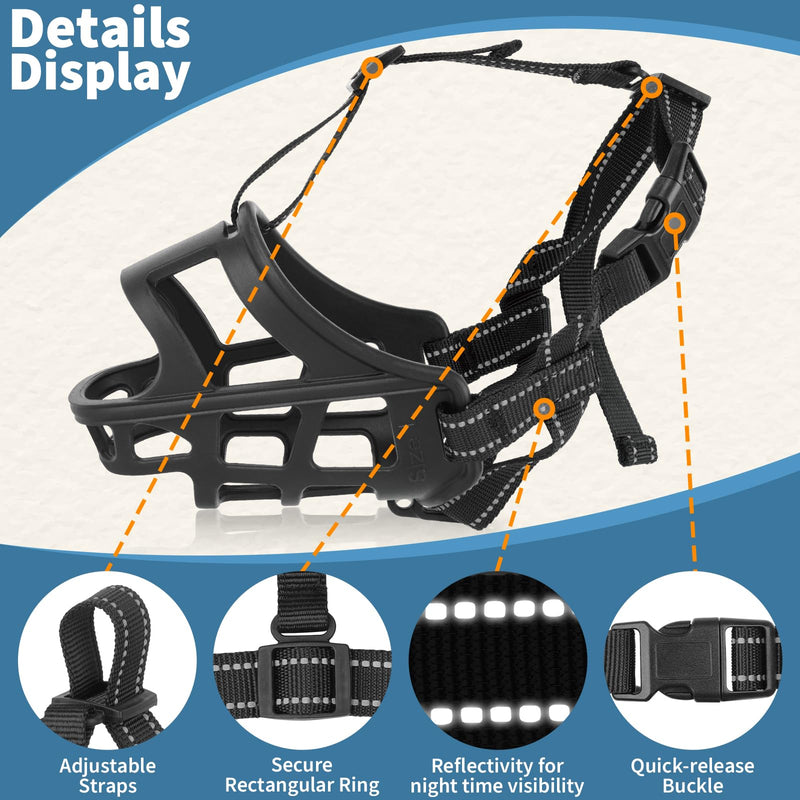 BARKLESS Dog Basket Muzzle for Medium & Large Dogs, Humane Cage Muzzle Prevent Biting Scavenging, Breathable Open Front Mouth Cover with Reflective Strap for Training, Walking Vet Visits (Black, XL) Black - PawsPlanet Australia