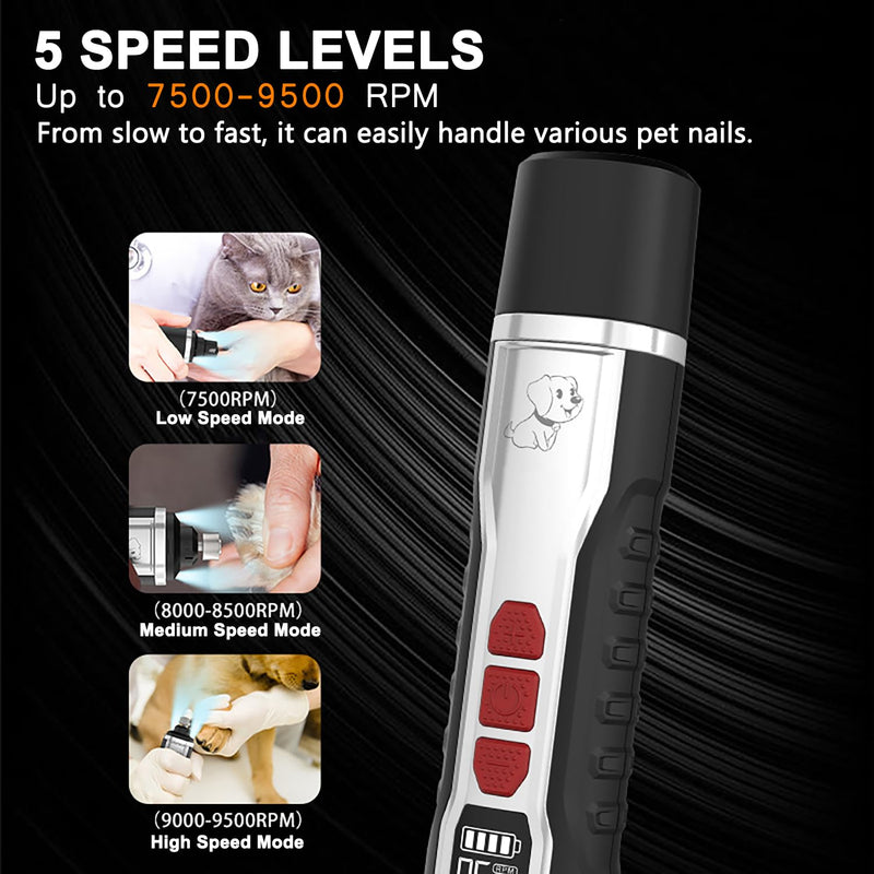 Dog Nail Grinder Upgraded, Professional 5-Speed Electric Rechargeable Pet Nail Trimmer Super Quiet Painless Paws Grooming & Smoothing for Small Medium Large Dogs & Cats - PawsPlanet Australia
