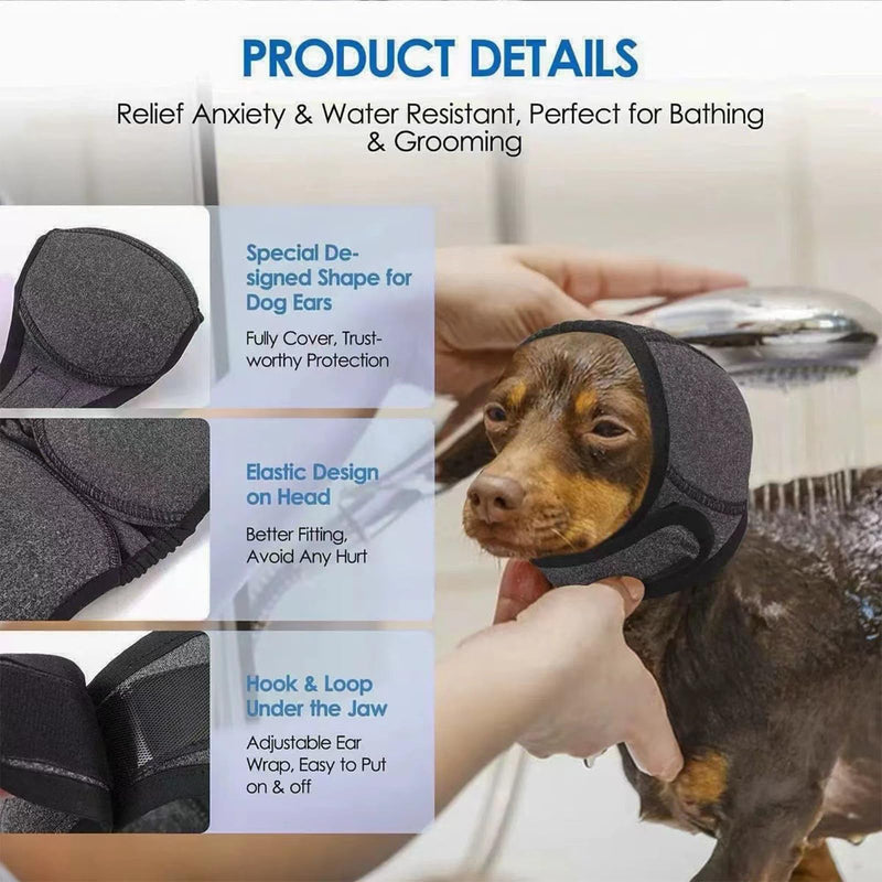 Comfortable Dog Ear Muffs & Snood Protectors, QIANSSE Adjustable Dog Ear Defenders for Bathing Grooming Noise Protection from Thunder Fireworks Includes Dog Ear Wipes (Gray, M)