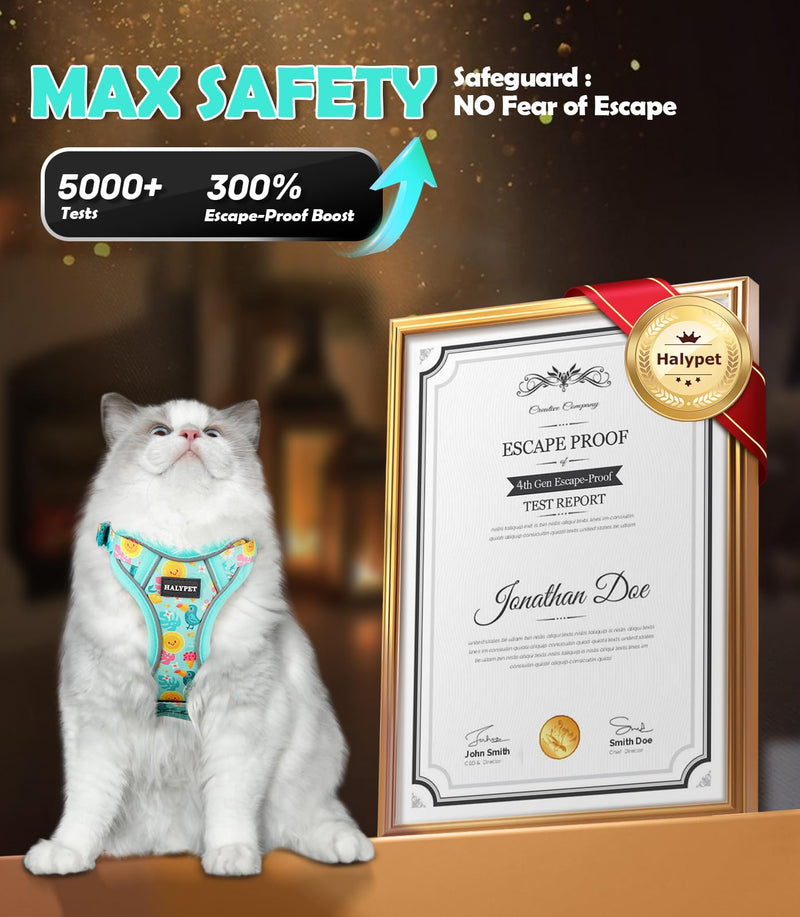 Halypet Cat Harness and Leash Set[MAX Safety 4th-Gen] Cute Escape Proof Vest Harness for Girl&Boy Cat Walking, Comfortable Adjustable Leash and Reflective Strips for Outdoor Kitten, XS Green Tropics H603 Pro Green Tropics X-Small (4-6lb)
