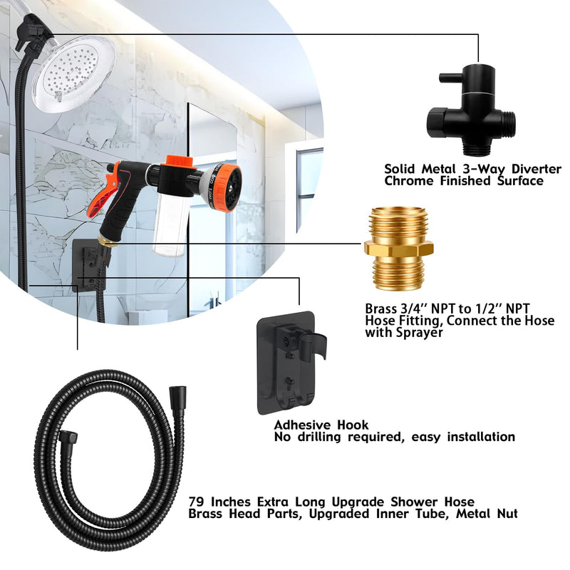 Dog Washing Hose Attachment for Pet Bathing with Black 3 Way Shower Diverter, Dog Wash Hose Nozzle Shampoo Sprayer for Pet Grooming Shower, Dog Shower Attachment for Bathroom 2m/79inches Hose - PawsPlanet Australia