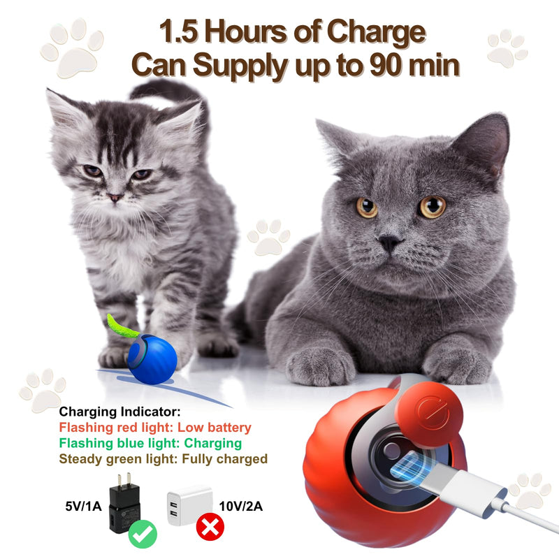 Interactive Cat Ball for Indoor Cats - Dual-Speed Automatic Rolling Ball Toy with 90Min Run Time, Plush + Feather Tails, Energetic Cat Chase Exercise, Blue/Orange, 1PC - PawsPlanet Australia
