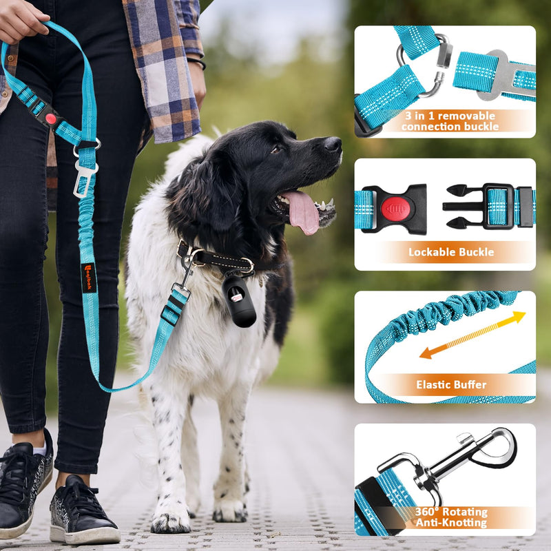 Removable Dog Seat Belt Harness for Car, 3 in 1 Pet Dog Car Seatbelt Leash, Retractable Restraint Secures to Vehicle Headrest & Adjustable Reflective Bungee Dog Seatbelt Tether with Poop Bag Holder Black+Blue - PawsPlanet Australia