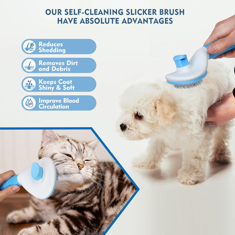 Dog & Cat Hair Brush, Self Cleaning Slicker Brush for Grooming Long & Short Haired Pets, Easy to Remove Loose & Tangles Undercoat, Suitable for All Breeds & Sizes, Promote Circulation - PawsPlanet Australia