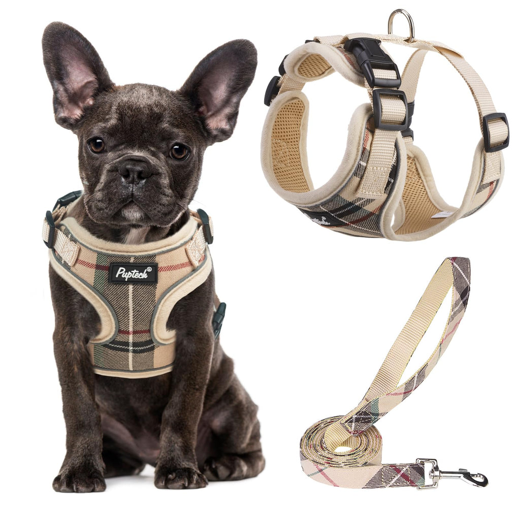 PUPTECK Soft Mesh Dog Harness and Leash Set Pet Puppy Cat Adjustable Reflective Padded Vest No Pull Harnesses, Beige, S S (NECK: 13-15", CHEST: 14-18")