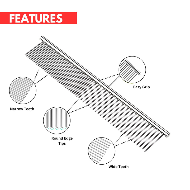 Chrome Pet Grooming Comb Premium Stainless Steel Dematting Tool with Rounded Teeth for Dogs & Cats Best for Removing Knots,Tangles,Perfect for Long & Short Haired Pets (Chrome) Chrome - PawsPlanet Australia