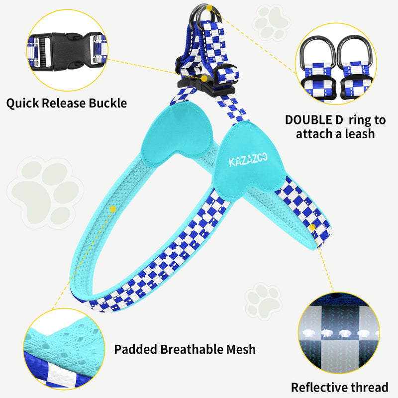 Kazazoo No Pull Small Dog Harness and Leash Set, Adjustable Puppy Soft Vest Harness with Breathable Mesh Padded, Reflective Lightweight Harness with Buckle for Extra Small Medium Dogs, Blue Plaid XS - PawsPlanet Australia