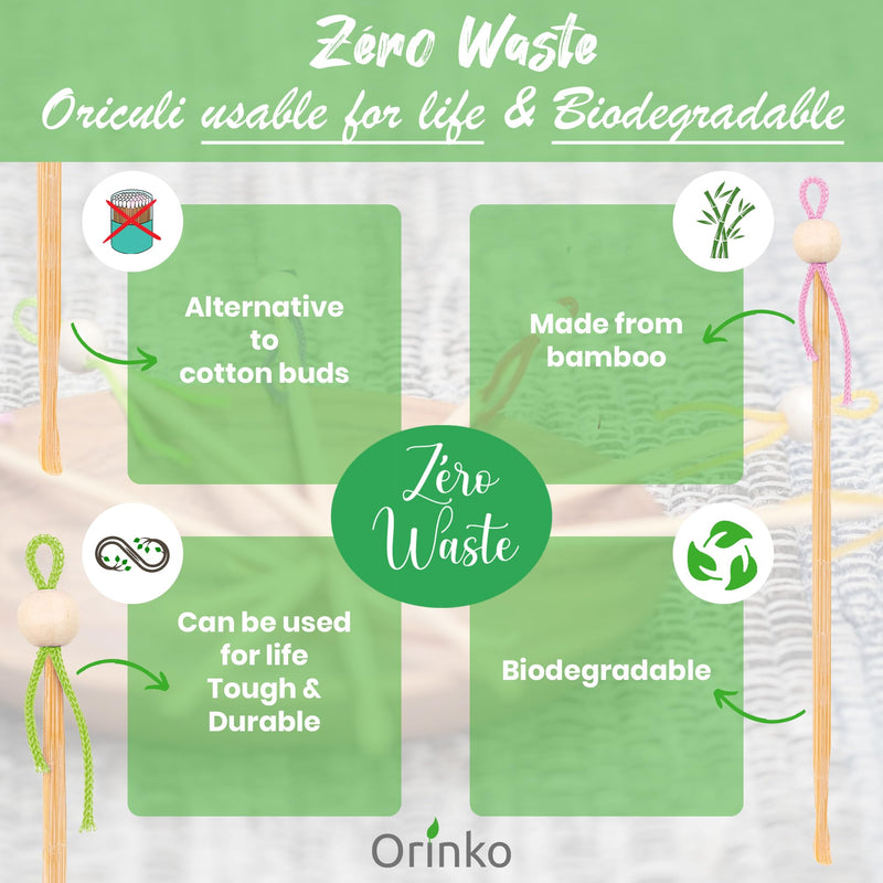 ORINKO® Bamboo Ear Cleaner x6 - Eco-Friendly Sustainable Design for Natural Ear Care - Reusable and Durable Ear Cleaning Tool for Gentle Personal Hygiene - Ideal for Family Use