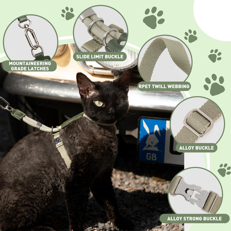 ETIAL Premium Adjustable Escape-Proof Cat Harness & Leash Set with Leather Sliding Back, 4.3ft Nylon Rope, Cross-Strap, Heavy-Duty Buckles for Secure Walking (Olive Green, Back Length 3.5”-4.7”) Olive Green Back Length 3.5”-4.7” - PawsPlanet Australia