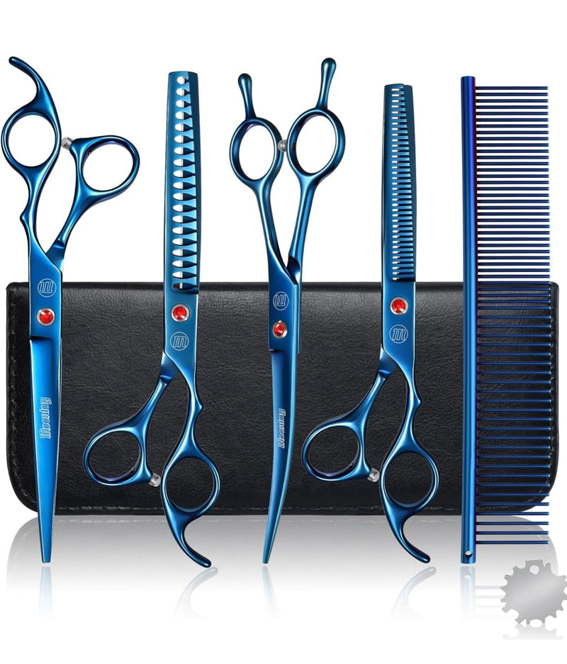 Professional Dog Grooming Scissors, with Safety Round Tips Stainless Steel Professional Dog Grooming Shears Set Straight, Thinning, Chunker, Curved Shears for Long Haired Pet(Blue) Blue