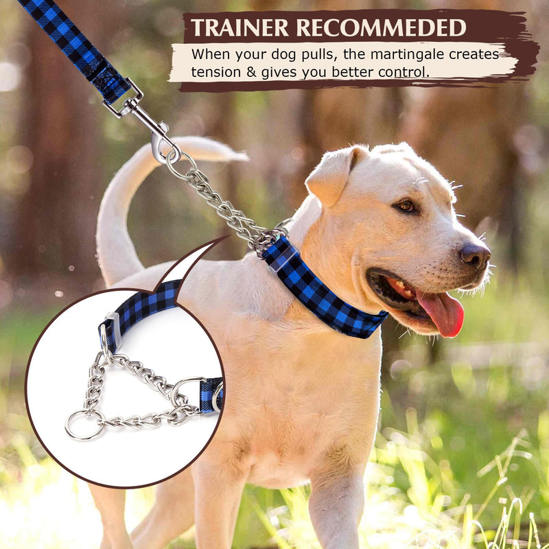 Martingale Collar for Dogs with Nylon & Steel Chain Limited Cinch Design, Blue Buffalo Plaid No Choke Dog Collar, Adjustable No Pull Dog Training Collar, Great for Training, Walking, Hunting (XL) 6 XL(Neck21"-25") - PawsPlanet Australia