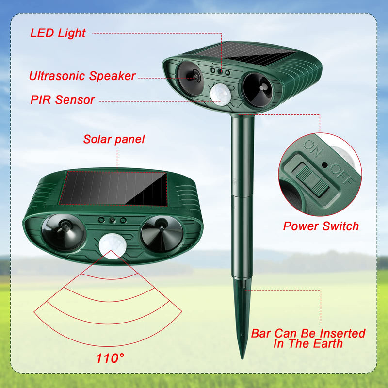 Ultrasonic Animal Repellent Outdoor Solar Powered Repeller Cat Dog Deer Deterrent Waterproof Motion Sensor Deterrent for Yard Garden Rabbit Squirrels Fox Pest (2, Green) 2 - PawsPlanet Australia