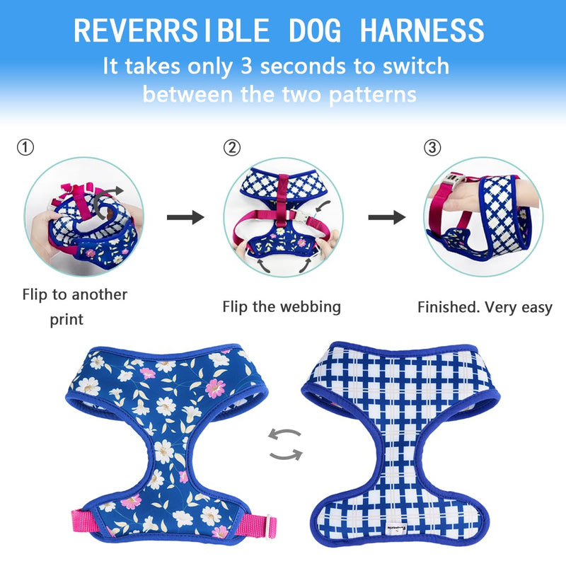 Reversible Prints Dog Harness Pet Harnesses for Extra Small Medium Large Dogs Soft Breathable Adjustable Puppy Vest for Easy Walking (Blue, Medium) Blue - PawsPlanet Australia