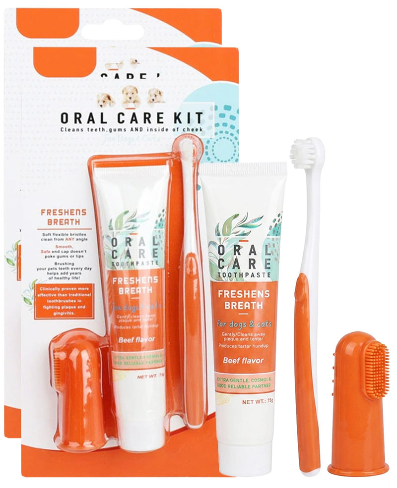 2 Pcs Dog Toothbrush and Toothpaste, Cat Teeth Cleaning with Beef Flavor Toothpaste Finger Brush and Toothbrush for Dogs Cats