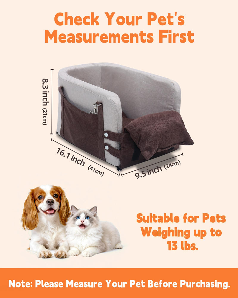 JZXOIVA Console Dog Car Seat & Travel Bed for Small/Medium Dogs, Booster Dog Car Seat with Safety Tether, Non-Slip Base, Washable Cover, Front or Back Seat Pet Carrier Bed, Brown - PawsPlanet Australia