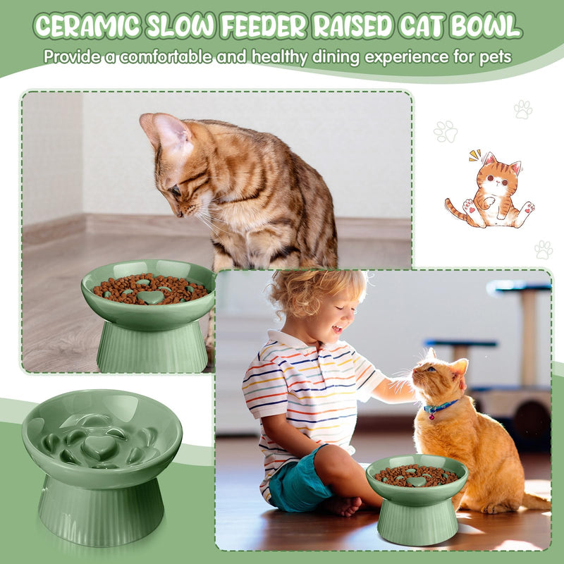 Tioncy Ceramic Slow Feeder Raised Cat Bowl Elevated Cat Bowls Anti Vomit Dry Wet Food and Water Bowl Easy to Clean Pet Bowls High Edge for Cats Small Dogs, Kitten Home, Dishwasher Safe(Sage Green) Sage Green - PawsPlanet Australia