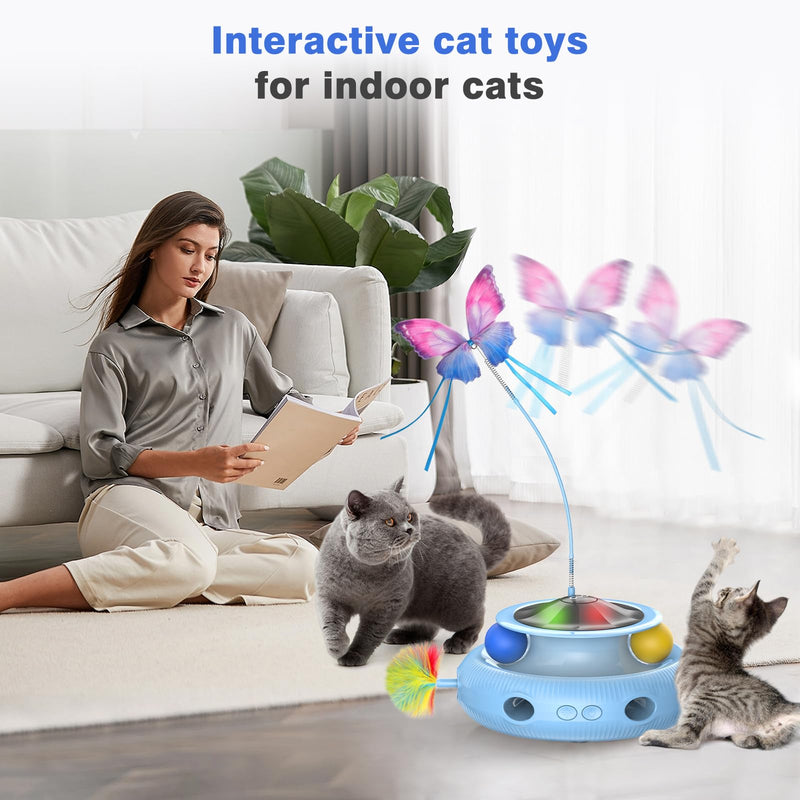Cat Toys，3 in 1 Interactive Cat Toys for Indoor Cats，Automatic Kitten Toys with Fluttering Butterfly, Track Balls and Random Moving Ambush Feather，Rechargeable Feather Toys (sky blue) sky blue - PawsPlanet Australia