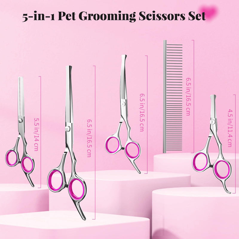 Pawaboo 5-Piece Professional Dog Grooming Scissors Set, Pink, Japanese Style, Stainless Steel with Titanium Coating