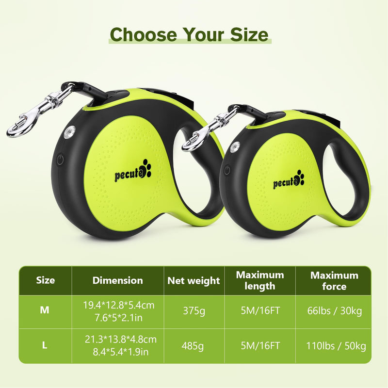 Pecute 16 ft Retractable Heavy Duty Dog Leash with Light Rechargeable, Walking Dog Leash with Nylon Tape, 360° Tangle-Free, One-Button Control, High Strength Hook for Large Dog Up to 110 lbs - PawsPlanet Australia