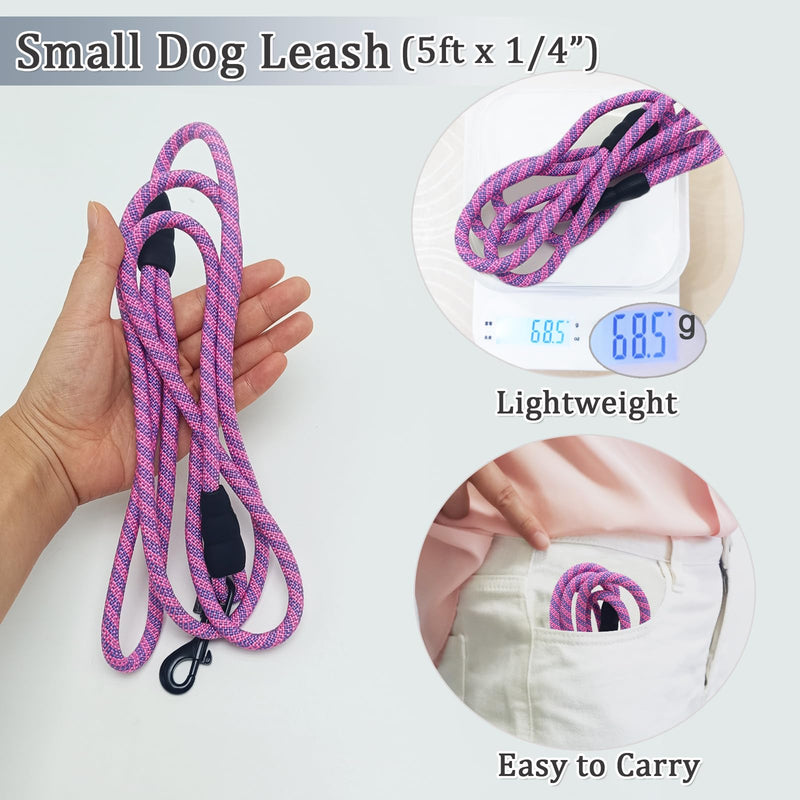 WYuZe 5ft Puppy Leash for Small Dogs, 1/4" Thin Rope Dog Leash with Easy to Use Hook, Chihuahua/Yorkie/Toy Breed Lightweight Leashes 10 Colors, Pink Purple 5 FT (3~18 lbs) - PawsPlanet Australia