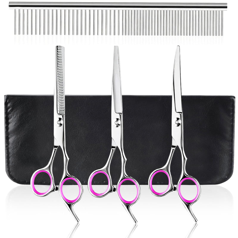 Dog Grooming Scissors, 5 Pcs Stainless Steel Pet Trimmer Kit, Fashion Hair Cutting Grooming Tool for Dogs and Cats - with 6-inch Cutting Scissors, Thinning Shear, Curved Scissors, Grooming Comb C-5 Scissors Set - PawsPlanet Australia